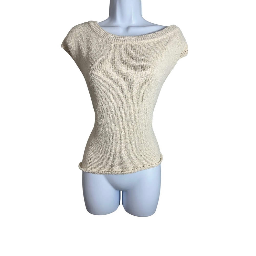 DISSH Womens Cream Cotton Blend Textured Knit Boat Neck Cap Sleeve Top WES04609